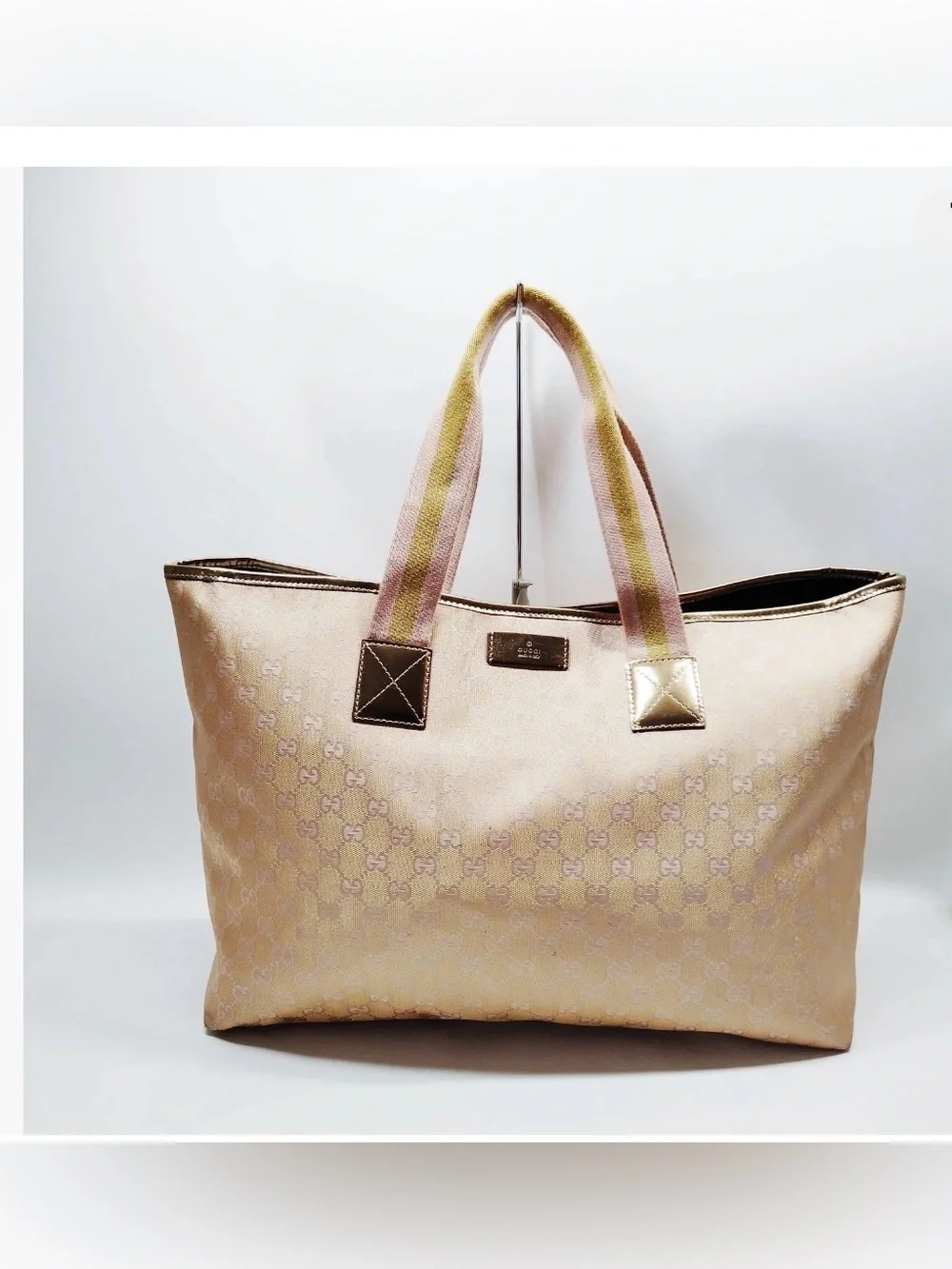 AUTHENTIC Gucci Pink and Beige Signature Tote with Striped Handles